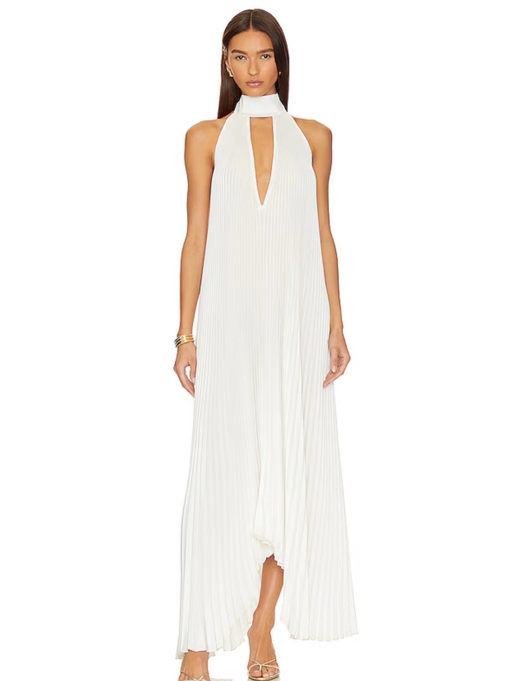 L’Idee White Pleated Halter Maxi Dress